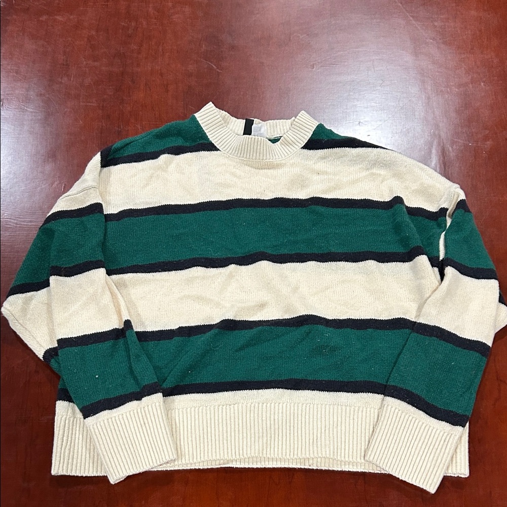 H&M Crewneck Sweater in Green, Cream & Black Stripes